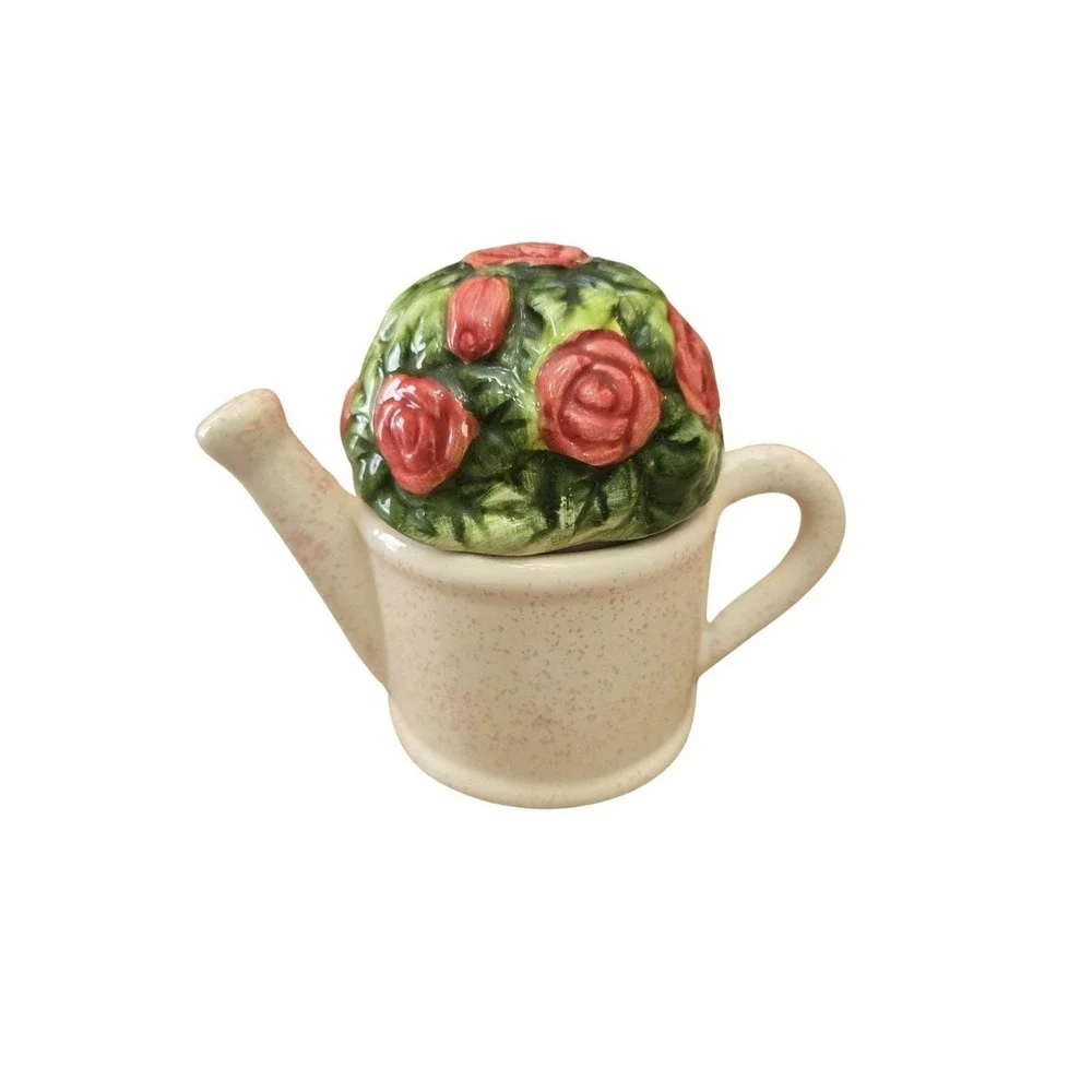 Vintage Nesting Ceramic Watering Can & Flowers Bush Salt And Pepper Shaker Set
